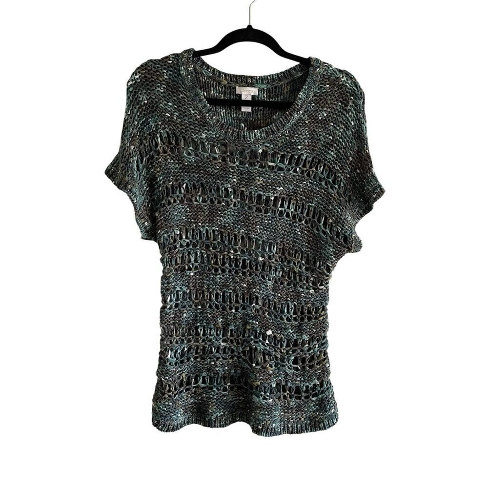 Chicos Women SZ 2/Medium Multicolor Loose Knit Crochet Pullover S/Sleeve Sweater